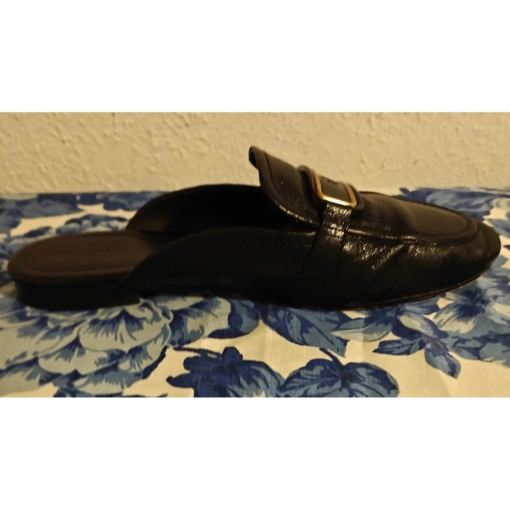 Tory Burch Georgia Backless Loafer Flats Mules Black Gold Logo Sz 10.5 M